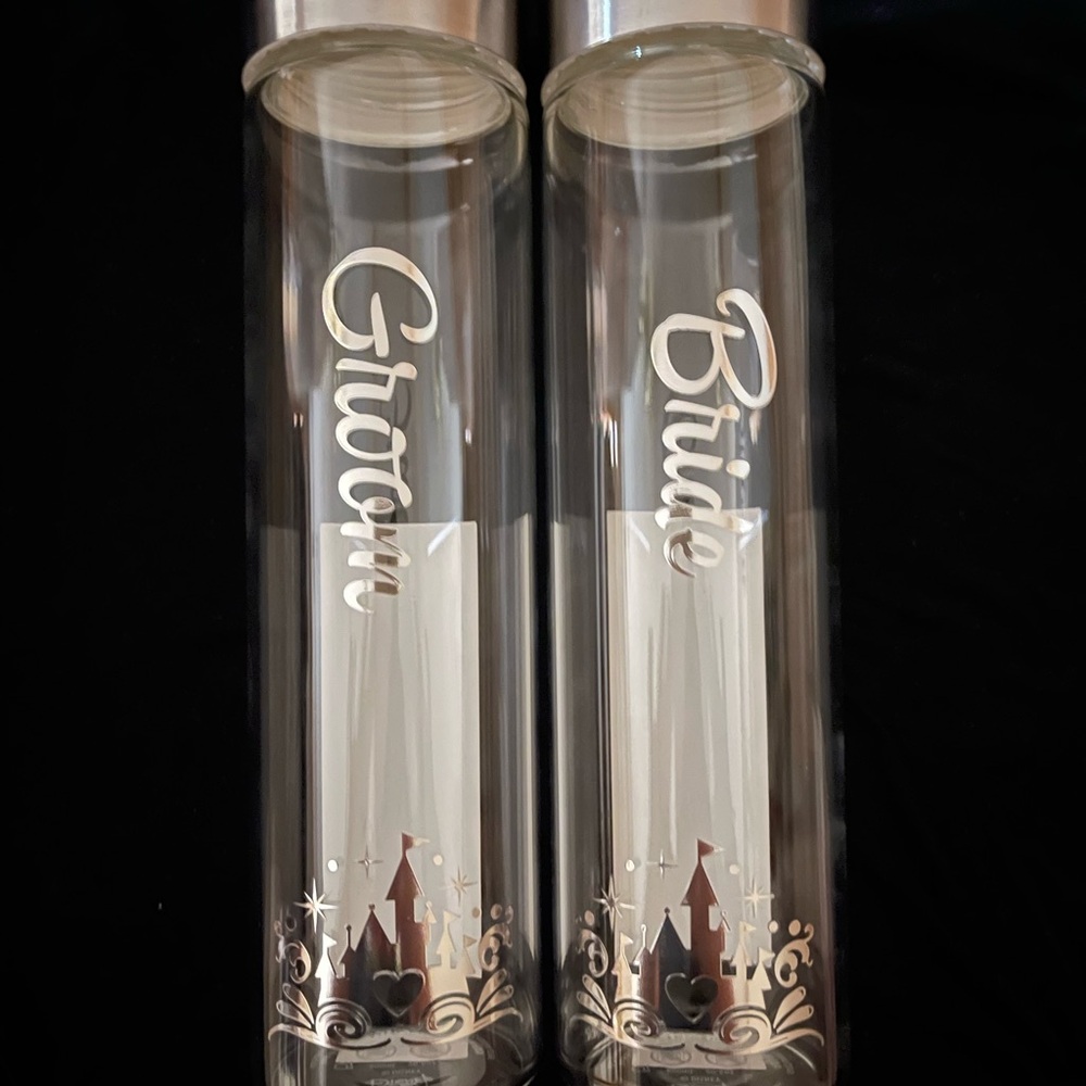 Disney Bride and Groom Glass Water Bottles - Silver Accents